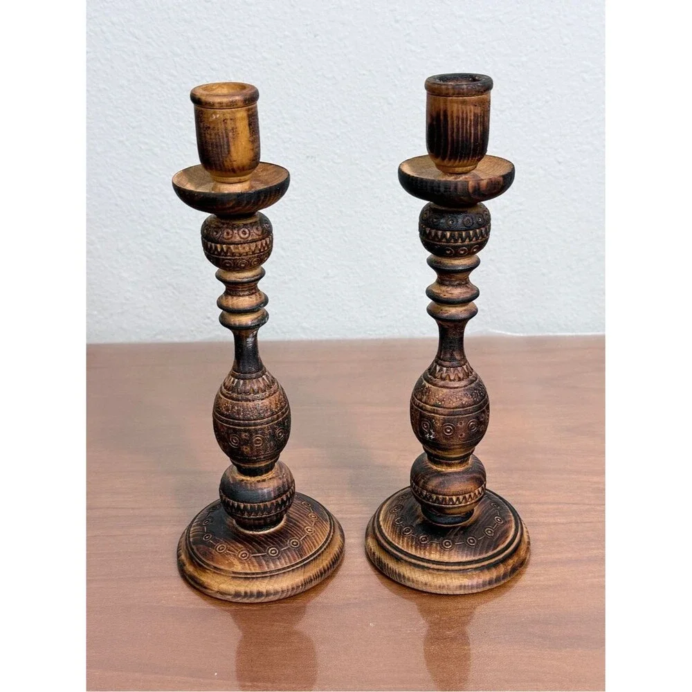2 Carved Distressed Wood-Burned Turned Wood Candle Holders 10”
